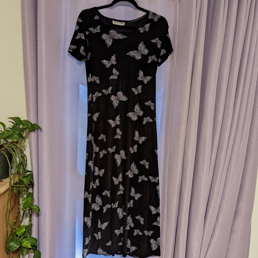 SOLD Vintage '90s Butterfly Midi Or Maxi Dress Fairy Grunge Hippie stretch s/m